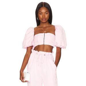 NBD Waverly Crop Top Puff Sleeves Ruched Jersey Square Neck Pink Size Medium